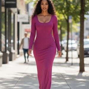 SKIMS Ribbed Long Sleeve Maxi Dress | Magenta | Size M
